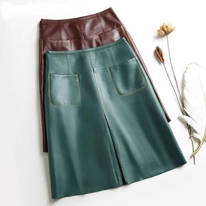 スカートスタイリッシュな女性本物の革のスカート女性スリットポケット縫製ハイウエストジュペミュージャーAラインミッドレングスワインレッド/ブルーシックファルダ230418