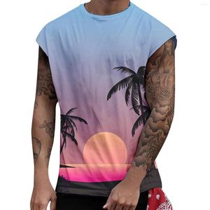 Tanques masculinos tampas fofas chinelas de casa havaianos casuais da praia masculina Boho Print sem mangas camisetas musculares frias Treino de camisas de homens algodão