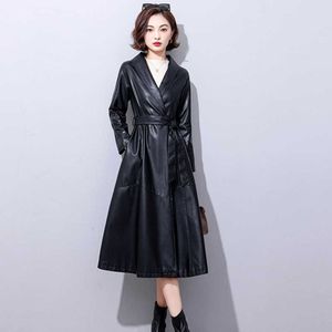 Women's Trench Coats BlackLarge Swing Windbreaker Coat Women's Autumn New Han Slim Fit Long Motorcycle Coat Leather Coat 2c