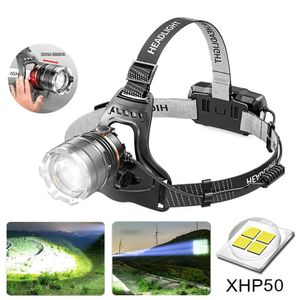 Headlamps XHP50 LED Sensor Headlight Waterproof Charging Fishing Search Camping Zoom Light 231117