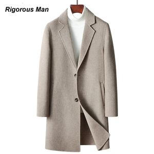 Misturas de lã masculina de alta qualidade casacos masculinos outono inverno cor sólida negócios feitos à mão dupla face de lã homem trench coat estilo britânico 231118