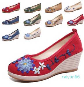 Handmade Embroidered Spring Vintage Women Pumps Chinese Slip On Natural Linen Slope Heel Retro Cloth Canvas