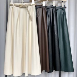 Skirts Neophil Black White Latex Skirts With Belt Buckle Winter Thick Elegant Pu Leather Female Pleated A-Line Flare Skirt S220715 230418