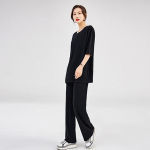 Women's Two Piece Pants Set Women's Simple Short Sleeve Knitted Pullover Sweater Long Wide Leg Fine Imitation Wool Thin