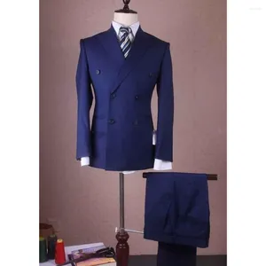 Men's Suits Arrival Royal Bule Double Breasted Groom Tuxedos Peaked Lapel Man Groomsman Prom Business Suit( Jacket Pants Tie)