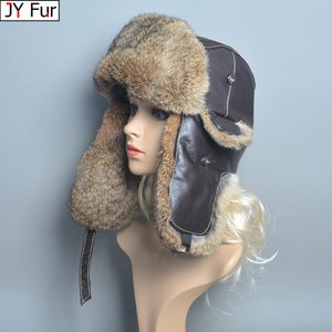 BeanieSkull Caps 2023 Russian Women Genuine Sheepskin Real Rabbit Fur Hats Natural Warm Cap Lady Winter Outdoor Bomber 231117