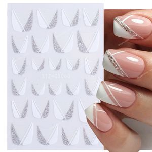 3d franska tips nagelklistermärken glänsande glitter silver vita skjutreglage dekaler nagelkonstdekorationer limfolier manikyr dropshipping nagelartickers dekaler nagelkonst