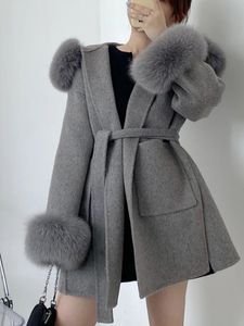 Casaco feminino de pele falsa OFTBUY, casaco de couro genuíno de grandes dimensões, jaqueta de inverno com gola de pele de raposa natural, punhos, capuz, lã de caxemira 231118