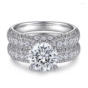 Anéis de cluster 2 D Cor Moissanite Diamond S925 Sterling Silver noivado Anel de casamento Conjunto de jóias finas