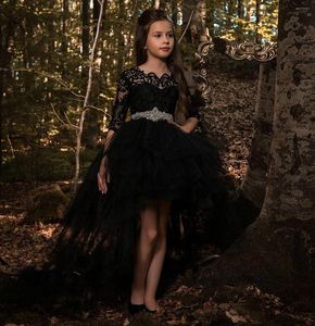 Sukienki dla dziewczynki czarny kwiat długiego rękawów na ślub kryształowy szarfę koronkowane koronkowe aplikacje