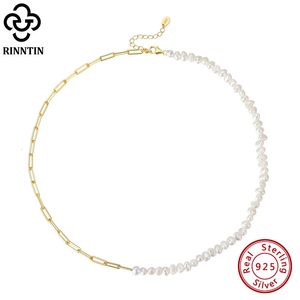 Pendanthalsband Rinntin Fashion 925 Silver Natural Pearl Necklace med 14K Gold Paper Clip Chain for Women Trendy Pearl Neck Chain Jewelry GPN13231118