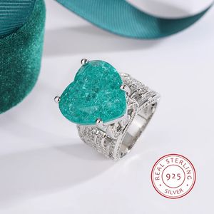 Anéis de casamento criativo oco paraiba esmeralda forma de coração 925 prata esterlina casal anel para mulheres zircon aniversário presente jóias 231118