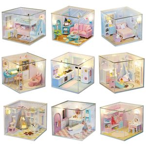 دمية منزل الملحقات DIY مع غلاف الغبار ألعاب Kit Doll House يدويًا يدويًا يدويًا الأثاث الأثاث 3D Wooden Miniature Dollhouse Toys 230417