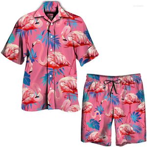 Herren Trainingsanzüge 2023 Sommer Hawaiian Set Herren Damen Flamingo Print Kurzarm Button-Down Revers Hemd/Shorts/Anzug Casual Urlaub