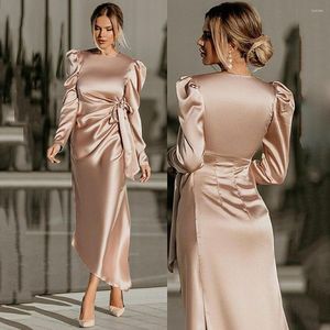 Party Dresses 14429#Chic Mermaid Satin Short Prom O Neck Puffy Sleeves Formal Woman Dress Champagne Fitted Evening Gown With Bow