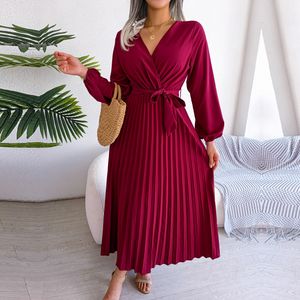 Casual Dresses F Women Spring Summer Temperament Cross Solid Color V Neck Large Hem Pleated Long Dress For Fashion 230418