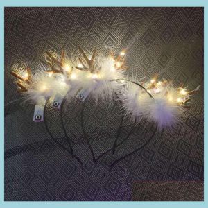 Party Hats Led Fluffy Feather Antlers pannband Julen Glödande Ljus upp blinkande hjortörar Hårband Kostym Fancy Cosplay Decor Wi DH4JG