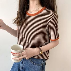 Kadın T-Shirt Vintage Japonya O Boyun Kısa Kollu Çizgili Tshirts Kadın Yaz Kontrast Üstleri Giyim Moda Vahşi Tees Pamuk Y230418