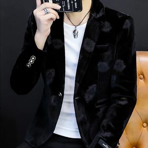 Autumn Winter Luxury Mens Suit Jacket Floral Print Velvet Material Casual Long Sleeve Jackets Fashion Male Slim Suit Jacket Men Blazer