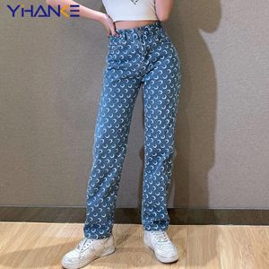 Джинсы с принтом Луны, прямые джинсы для мам, женские джинсовые брюки с высокой талией, тонкая уличная одежда, мода 2022 года, мешковатая одежда в стиле Y2k