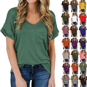 Women's T Shirts For Women Tops Summer V-neck Pocket T-shirt Curled Loose Leopard Print Solid Color All-match Urban Street Home