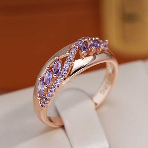 Band Rings JULYDREAM Sparkling Purple Zircon Rings Luxury 585 Gold Color Personality Party French Jewelry for Women Unusual Accessories AA230417