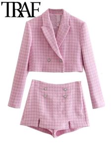 Women's Tracksuits TRAF Spring Women Casual Cropped Tweed Jacket Ornate Button Houndstooth Pink Blazer Skorts Shorts 2 Piece Set 230417