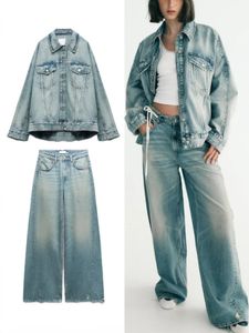Women's Two Piece Pants ZBZA Fall Oversized Denim Jacket Wide Leg Jeans Suit Lapel Long Sleeves Coat Low rise Ripped 231118