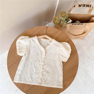 Kids Shirts Summer Baby Girls Floral Embroidery Puff Sleeve Shirts Cotton Loose Casual Tops Kids Clothes 230417