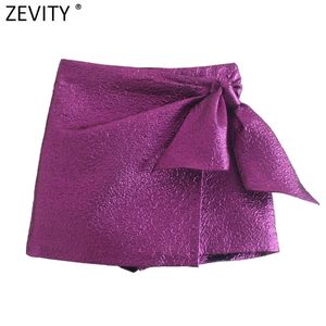 شورتات النساء Zevity نساء شارع High Street Bow Texture الأرجواني التنانير سيدة سحاب ذبابة أنيقة Pantalone Cortos Qun938 230417