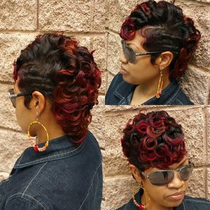 Syntetyczne peruki Beisdwig krótkie ombre Burgundowe włosy dla czarnych kobiet afro kręcone fryzury pixie cut with gangs 230417