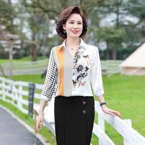 Women's Blouses Three Quarter Sleeve Female Satin Shirts Korean Fashion White 2023 Summer Women Print Tops High-end Lapel Office Lady