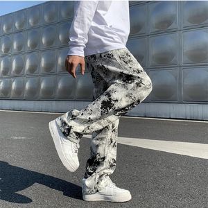Мужские джинсы Mens Mens Fashion Print Jeans Spring Mopping Bunders Jeans Korean Style High Street Ship Hip Hop Wide Log Jean Pants 231117