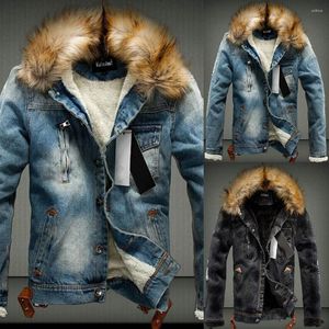 Męska Niebieska Kurtka jeansowa Zimowa Sprężyna Faux Fur Grusten Button Męski płaszcz dżinsowy termiczny polarowy polar Man Bomber Streetwear