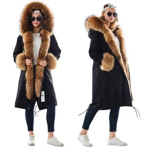 Pele feminina faux maomaokong inverno mulher natural sobretudo plus size preto parkas guaxinim forro real larg jaqueta quente casacos longos 231117