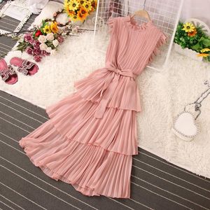 Casual Dresses Belt Lace-Up Solid Color Women's Dress A-Line Sleeveless Ruffles Pleated for Female Elastic Midje Layed Ladies