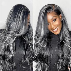 Platinum Highlight Grey Human Hair Wigs Brazilain body wave Transparent None lace glueless Wig Pre-Plucked For Woman