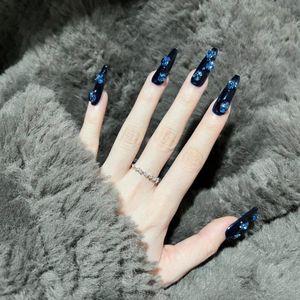 False Nails 24Pcs Blue And Black Hydrangea Diamond Long T Fake Set Press On With Glue Full Cover Acrylic Nail TipsFalse