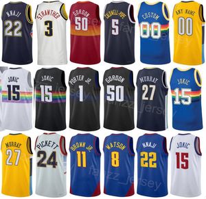 Stampa Maglia da basket Julian Strawther 3 City Zeke Nnaji 22 Reggie Jackson 7 Peyton Watson 8 Christian Braun 0 Justin Holiday 9 Viola Bianco Blu navy Squadra Uomini Bambini