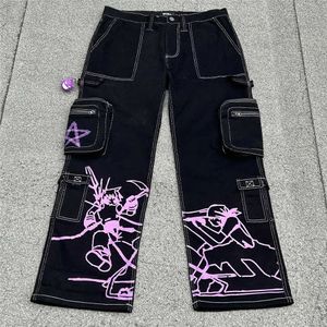 Kadınlar kot retro caddesi çoklu cepler Kore moda kargo pantolon kadınlar erkekler hip hop karikatür anime baskısı yüksek belli kargo pantolonları kadın T231118