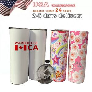 CA/US Stock 20oz STRAIGHT Water Bottles Blank Sublimation Slim Tumblers with Lid and Plastic Straw Beer Mugs ss0418