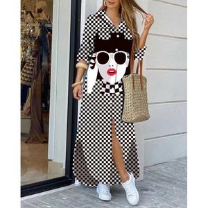 Women Maix Dresses Printed Long Sleeved Casual Dress Button Pocket Long Skirt