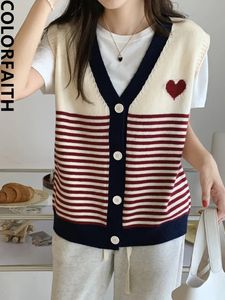 Women's Vests Colorfaith Chic Korean Fashion Striped Waistcoat Knitted Vintage Sweaters Women Autumn Winter Wild Lady Vests SWV3528JX 231117