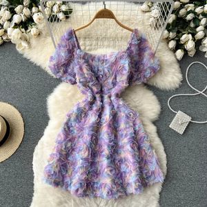 Casual Dresses Summer Mesh Flower Square Neck Dress Summer Women French Style Zipper Elegant rygglösa damer Purple A Line Midi Dresses 2024