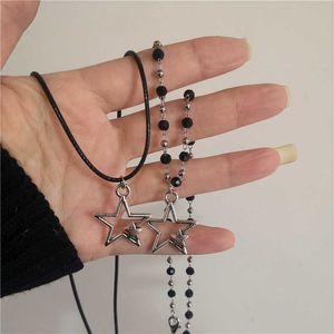 Colares pendentes Novo Kpop Moda Sweet Cool Tibetan Hollow Double Star Pingente Cara Carker Charm Black Cord Handmade punk grunge y2k jóias z0417