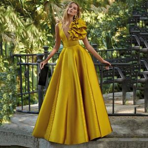 Elegant Gold A-line Evening Dress 2024 Deep V Neck Sleeveless Pleated Ruffles Satin Prom Formal Party Gowns Robe De Soiree Vestidos De Gala