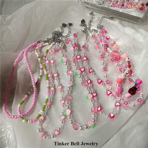 Pendant Necklaces 2022 New Goth Candy Color Pink Pearl Peach Heart Beaded Necklace For Female Harajuku Cute Egirl Party Y2K Jewelry Accessory Gift Z0417