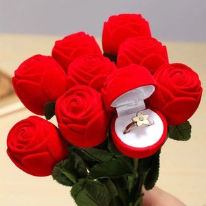 Scatole per gioielli da 10 pezzi Scatola per anelli di rose romantiche Scatola per anelli di fiori artificiali in flanella Scatola per esposizione di gioielli con rosa rossa per gli ospiti di nozze Amore Regali romantici 231118