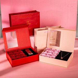 Confezione regalo Gioielli squisiti Confezione regalo Rosa eterna Fiore di sapone Anello nuziale Orecchini Collana Scatole per imballaggio di San Valentino