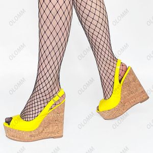 Olomm El Yapımı Kadınlar Yaz 3-5 cm Platform Sandalet Seksi Kama Yüksek Topuklular 14-16 cm Açık Toe 9 Renk Parti Ayakkabıları Boy Boyut 5-20